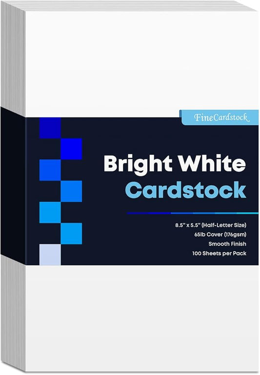 Half Letter Size Cardstock – Great for Business Documents, Letters, Arts, Prints and Crafts, Printing and Writing | 8.5” x 5.5” | Bright White 65lb Cover (176gsm) Card Stock | 100 Sheets per Pack