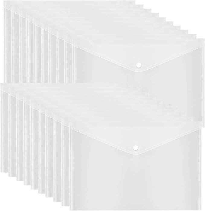 20 Pcs Clear Plastic Envelope with Snap Button Closure, Plastic Waterproof Envelope File Folder, Transparent Folders for Documents, Letter Size, A4 Size, for School and Office Supplies