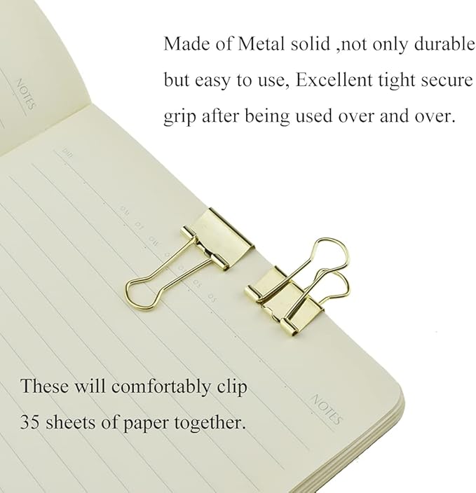 HAHIYO Binder Clips Paper Clamps Spring Steel Sturdy Small 0.75 inches Width 0.2 Inch Capacity No Sharp Edges Heavy Duty Tight Grip Reusable Gold Metal Bright Finish for Home Office School 30 Pack