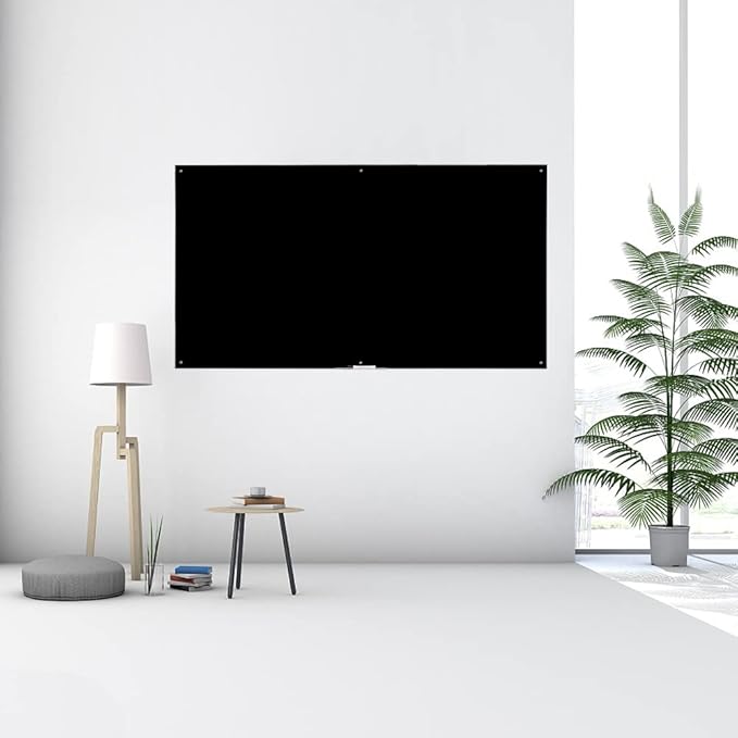 72" x 48" Black Extra Large Glass Whiteboard 6' x 4' Frameless Tempered Black Glass Dry Erase Board with Marker Tray for Interactive Office, Wall Mounted Frosted Glass Whiteboard