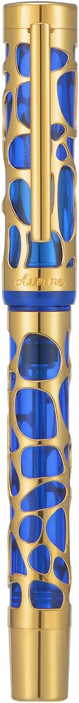 Asvine V169 Vacuum Filling Fountain Pen Medium Nib, Water Drop Skeleton Gold Trim Transparent Blue Acrylic Pen Case Set