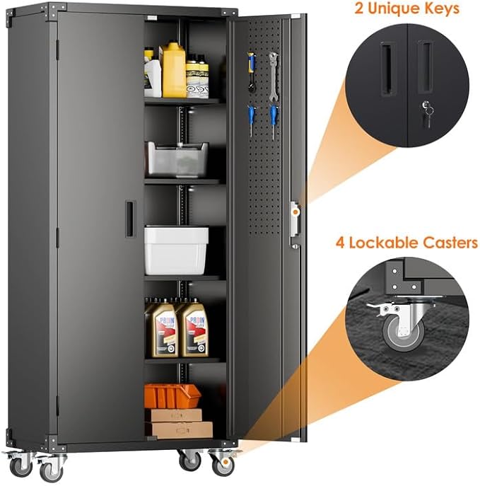 Aobabo Garage Storage Cabinet with Wheels,72" H Metal Storage Cabinet with 2 Doors and 4 Adjustable Shelves for Garage Home, Black,Required-Assembly