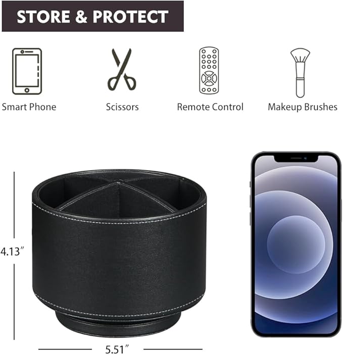 Fanousy 360° Rotating Pen Holder for Desk, Leather Pencil Pen Organizer Remote Control Holder Table Desktop Nightstand Organizer Caddy Storage, Office Desk Organizers And Accessories 5.5x5.5x4.0 Inch