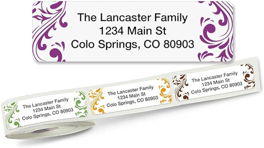 Colorful Images Elegant Swirl Rolled Personalized Return Address Mailing Labels with Dispenser, Customize with Name & Shipping Address, 500 ¾” x 2½” Self Adhesive, Easy Peel Label Roll