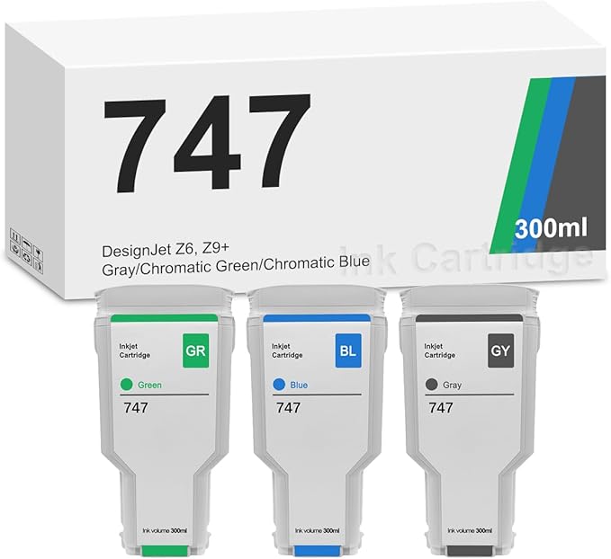 747 Ink Cartridge 300-ml (3-Pack, Chromatic Green/Chromatic Blue/Gray) for DesignJet Z6 & DesignJet Z9+ Printers Compatible Ink Replacement for HP 747 Ink Cartridge P2V84A P2V85A P2V86A