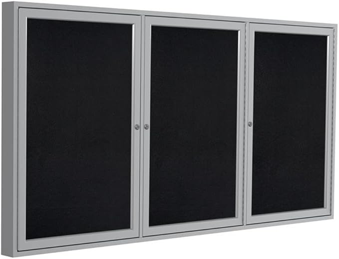 Ghent 48" x 72" 3-Door indoor Enclosed Recycled Rubber Bulletin Board, Shatter Resistant, with Lock, Satin Aluminum Frame,Black (PA34872TR-BK)-Made in the USA