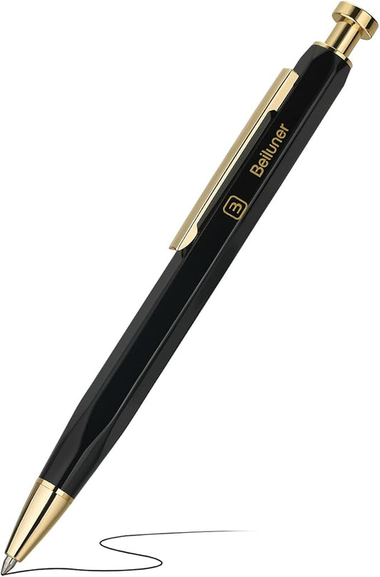 BEILUNER 312 Metal Gel Pen 0.5mm, Hexagonal Design, Black Piano Lacquer with 24K Gold Plated Accents, Includes One Refill, Professional Gel Pen Gift Box Set