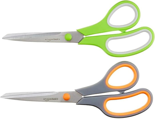 Amazon Basics Stainless Steel Scissors for Office, Crafts, Multipurpose, Sharp, Comfort Grip, PVD Coated, 2 Pack, Green and Grey