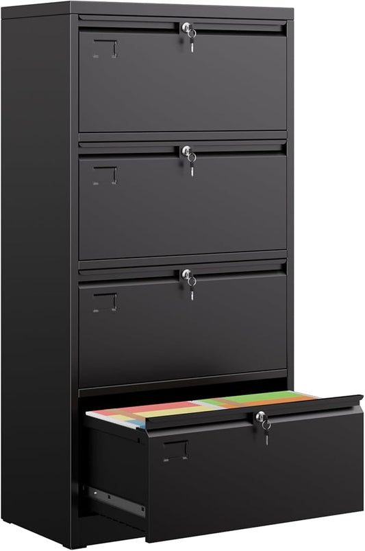 Aobabo 4 Drawer Wide Lateral File Cabinet, Metal Filing Cabinet with Lock, Suitable for Home Office School Hanging Files Letter/Legal/F4/A4 Size,Black,Required-Assembly,15.87" D x 28.94" W x 57.17" H