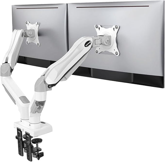 HUANUO Dual Monitor Stand - Full Adjustable Monitor Desk Mount Swivel Vesa Bracket with C Clamp, Grommet Mounting Base for 13 to 32 Inch Computer Screens - Each Arm Holds 4.4 to 19.8lbs - White