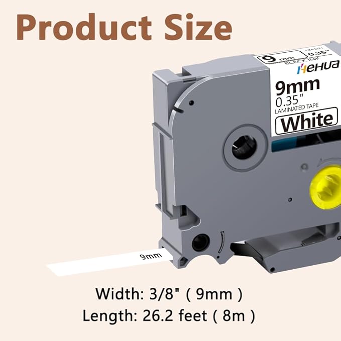 Hehua 9mm 0.35 Extra Strength Adhesive Laminated White Tape Compatible for Brother TZe-S221 TZeS221 TZ-S221 TZS221 for Ptouch PT D210 D200 H110 H100, 3/8'' x 26.2ft Black on White, 4 Pack