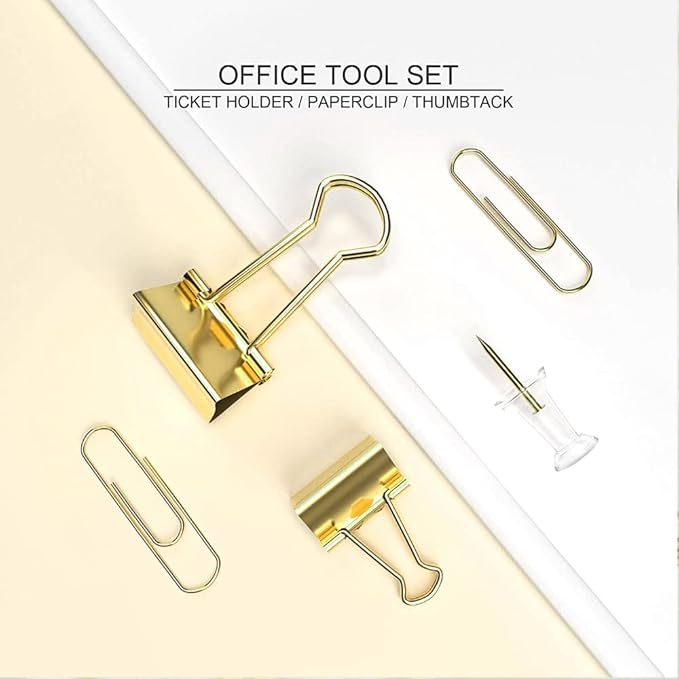 Gold Paper Binder and Clips Set, Metal Assorted Sized Binders with Push Pins, Cute Office Supplies, Teacher Desk Must Haves, Desk Accessories