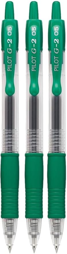 G2 Retractable Premium Gel Ink Roller Ball Pens Extra Fine Point (.5mm) Green Ink 3 pack; Refillable & Premium Comfort Grip Bundle with Plastic Reusable Pouch