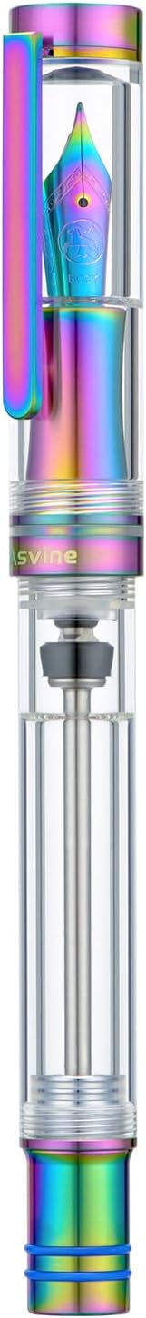 Asvine V200 Titanium Fountain Pen Vacuum Filling, Rainbow Bock Fine Nib Transparent Acrylic Smooth Writing Pen Case Set