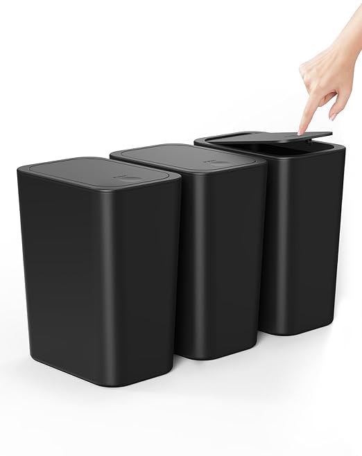 Cesun Bathroom Trash Can with Lid, 3 Pack 2.6 Gallon Small Black Garbage Can, Press Top Lid Trash Bin, Dog Proof Trash Cans Plastic Waste Basket for Bedroom Toilet Office