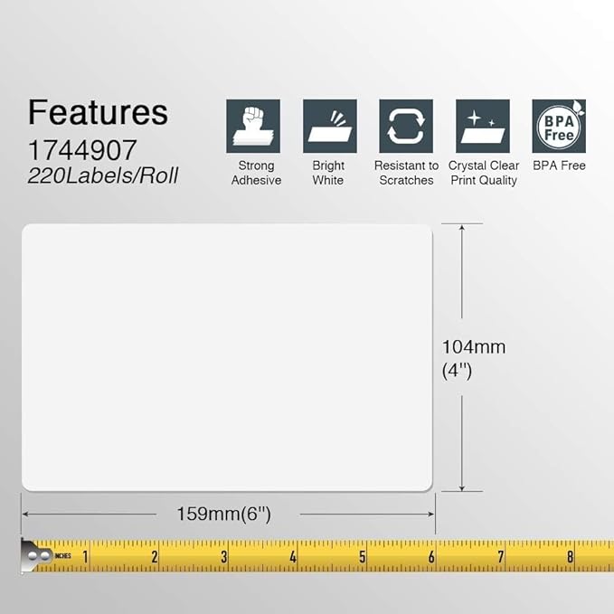BETCKEY - Compatible DYMO 1744907 (4" x 6") Shipping Labels, Perforated, Compatible with DYMO Labelwriter 4XL Rollo & Zebra, NOT Fit 5XL [10 Rolls/2200 Labels]