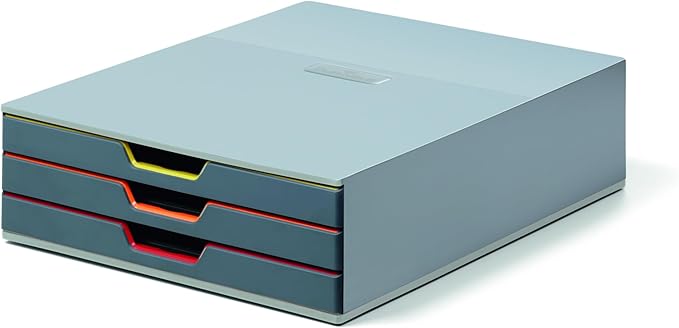 Durable Varicolor 3 Drawer Unit - Gray Desktop Drawer Set with 3 Color Coded Draws - Letter to Folio Size Files - Perfect for Storing Documents and Paper Work