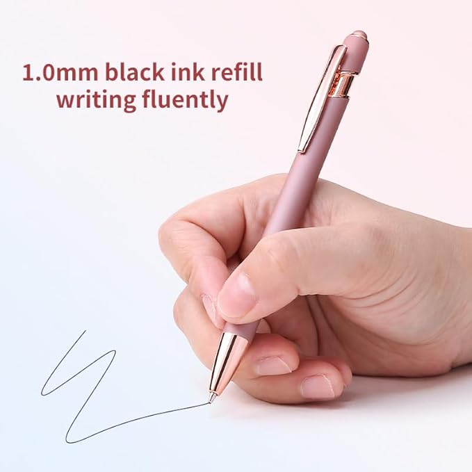 8 Pack Rose Ballpoint Pen with Stylus Tip, Metal Stylus Pens for Touch Screens, 1.0 mm Black Ink