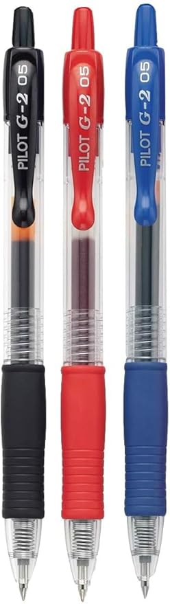 G2 Retractable Premium Gel Ink Roller Ball Pens Extra Fine Point (.5mm) Black/Blue/Red Ink 3 pack; Refillable & Premium Comfort Grip Bundle with Plastic Reusable Pouch