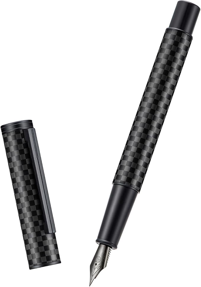 Hongdian 1861 Black Forest Carbon Fiber Fountain Pen, Long Blade Nib Modern Design Smooth Writing Pen with Converter and Metal Pen Case Set