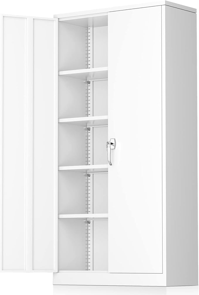 Greenvelly White Metal Storage Cabinets 72” Garage Steel Storage Cabinet with Doors and Shelves, Metal File Organization for Home Office, Basement, Warehouse, Classroom（Anti Ttipping）