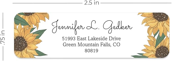 Illustrated Sunflower Rolled Address Labels/Roll of 250 Floral Garden Personalized Address Labels/Designer Return Address Stickers in Elegant Plastic Dispenser