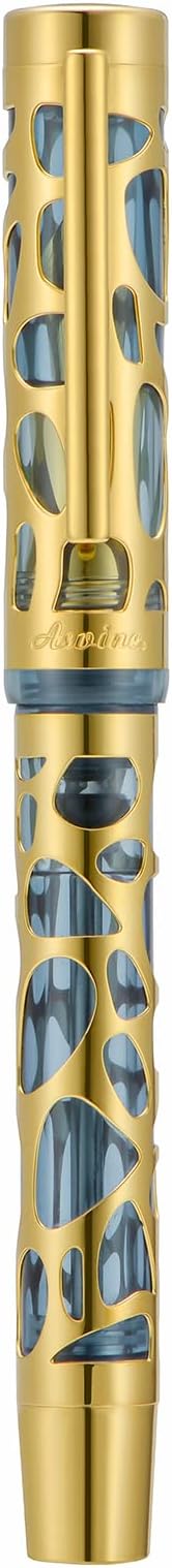 Asvine V169 Vacuum Filling Fountain Pen Medium Nib, Water Drop Skeleton Gold Trim Transparent Gray Blue Acrylic Pen Case Set