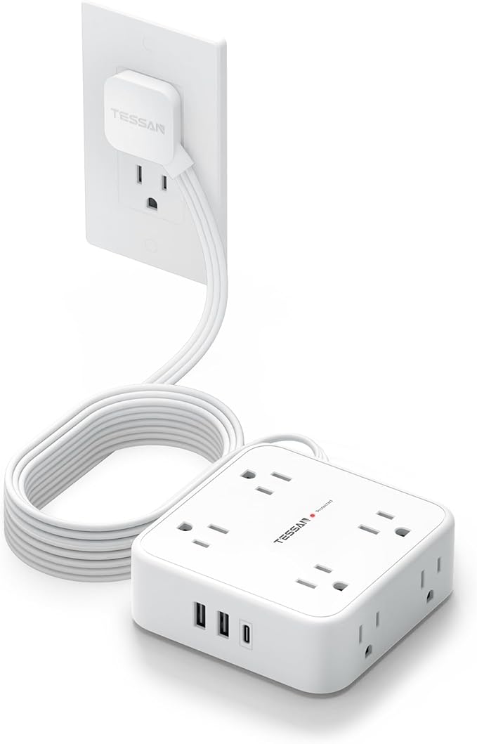 Extension Cord with Multiple Outlets, TESSAN 10 FT Surge Protector Power Strip Flat Plug, 8 AC Outlets, 900J 3 USB Ports (1 USB C), Desk Charging Station with Protection for Home, Office, Dorm Room