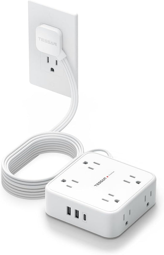 Extension Cord with Multiple Outlets, TESSAN 10 FT Surge Protector Power Strip Flat Plug, 8 AC Outlets, 900J 3 USB Ports (1 USB C), Desk Charging Station with Protection for Home, Office, Dorm Room