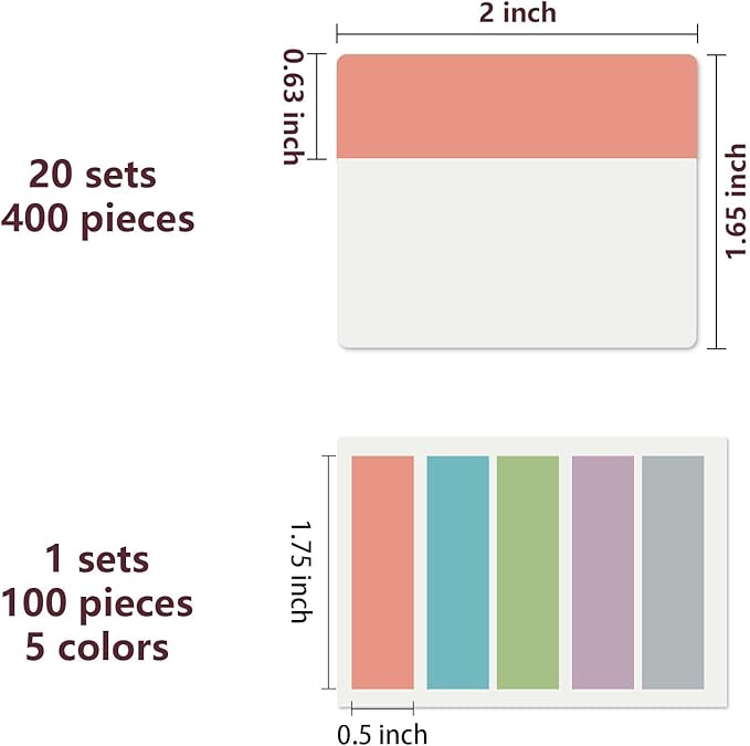 ELII 500 PCS Tabs 2 Inch Book Tabs Sticky Index Tabs,Page Markers File Tabs Self Adhesive, Labels for Pages Notebooks