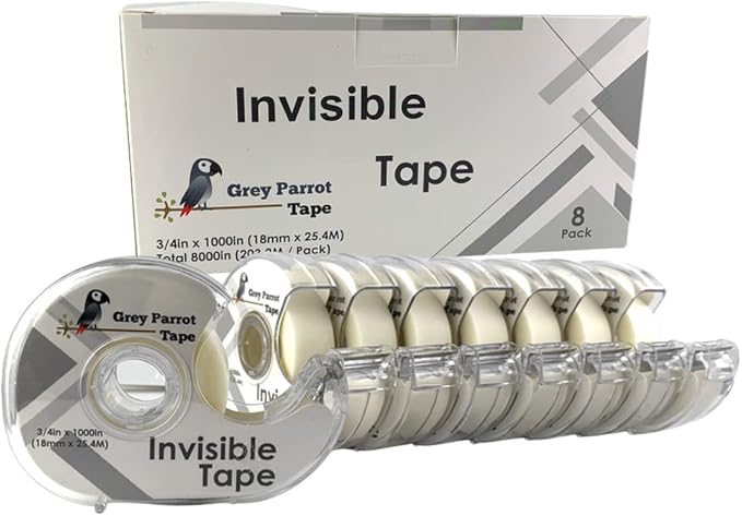 Greyparrot Office Tape Clear Refill Rolls + Dispenser(8 Pack),(3/4” X 1000in/pack). for Craft Jobs, Gift Wrapping, Office Work Glossy Finish, Refillable (8000 inch/Total(Matte)