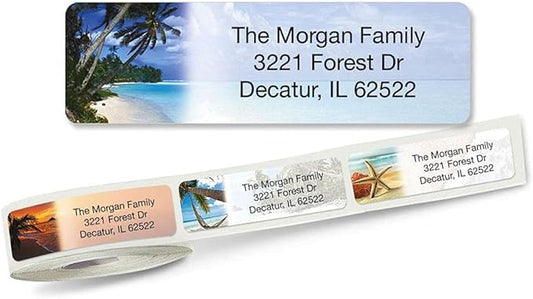 Colorful Images Tropical Paradise Rolled Personalized Return Address Mailing Labels with Dispenser, Customize with Name & Shipping Address, 500 ¾” x 2½” Self Adhesive, Easy Peel Label Roll