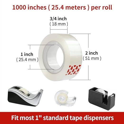 12 Rolls Transparent Tape Refills for Dispenser, Clear Tape, 3/4 x 1000 Inches, Easy Tear, Glossy Gift Wrap Tapes, Home Office Supplies and Back to School Supplies for College and Classrooms