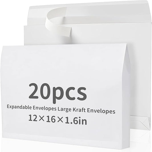 20 Pcs 12 x 16 x 1.6 Inch Large Expandable Catalog Envelopes Manilla Kraft Peel and Seal Envelopes Light Large Mailing for Office Home Documents Magazines Photos Storage Organizing (White)