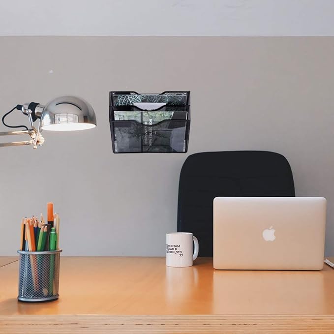 EASEPRES 3 Pocket Mesh Hanging Wall File Organizer, Wall Mounted Mail Paper Document Folder Holder, Clipboard Storage Organization Magazine Rack with Nametag Label for Office Home School, Black