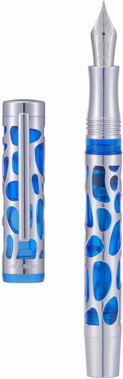 Asvine V169 Vacuum Filling Fountain Pen Fine Nib, Water Drop Skeleton Transparent Blue Acrylic Pen Case Set