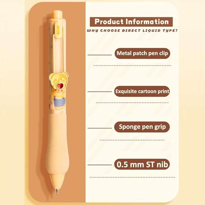 Cute Gel Pens 5Pcs Retractable Quick Dry Ink Pens 0.5mm Fine Point Black Ink Kawaii Smooth Writing Pens for School Office Supplies Aesthetic pretty pens (Honey Bear)