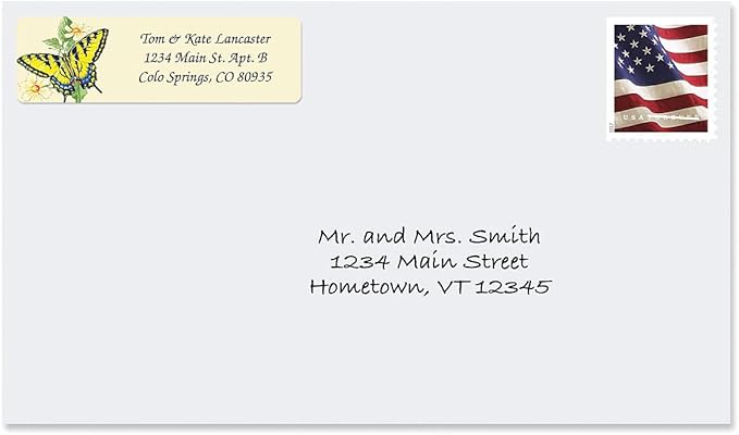 Butterflies Rolled Personalized Return Address Mailing Labels with Dispenser, Set of 250, 5 Designs, Small ¾ x 2½ Inch Size, Custom Self-Adhesive Sticker Roll, by Colorful Images