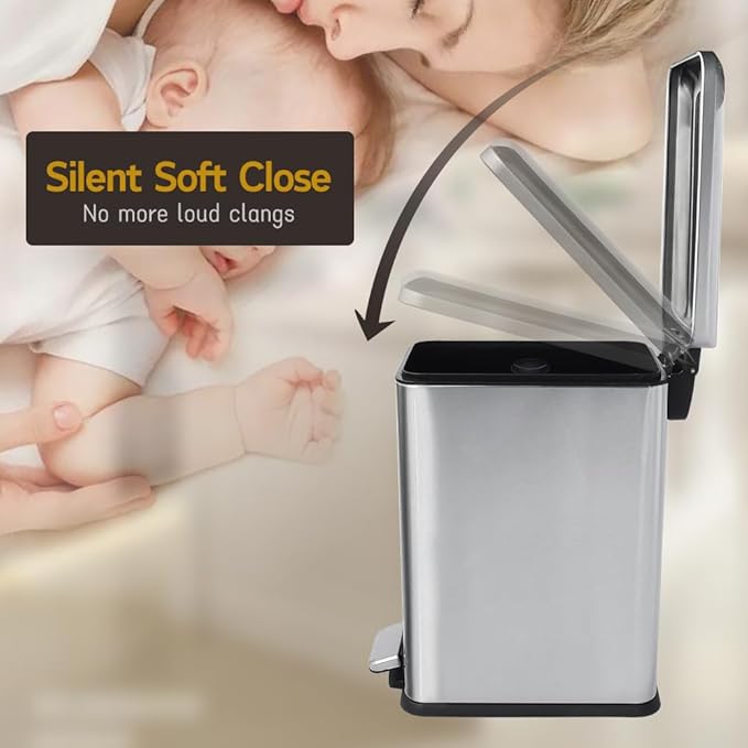 Bathroom Trash Can, 10L/2.6 Gallon Stainless Steel Step Slim Garbage Can, Pedal Trash Bin with Removable Liner Bucket, Soft Close Lid, Rectangle Trash Bin for Office, Kitchen, Bedroom