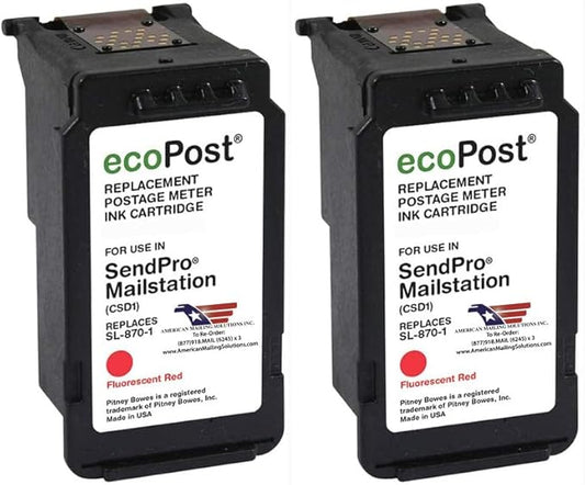 AMERICAN MAILING SOLUTIONS INC. | 2-Pack | ecoPost Remanufactured Postage Meter Ink Cartridge for PB SL-870-1 | Red | for The SendPro Mailstation | 8 ML