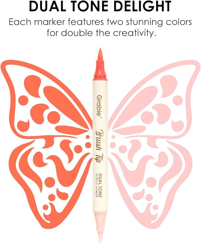 Grabie 120 Colors Dual Tone Brush Tip Acrylic Markers, Dual-Color Paint Markers with 60 Brush Tips, Double Tipped Acrylic Paint Pens for Fabric, Canvas,DIY, Canvas Art Supplies
