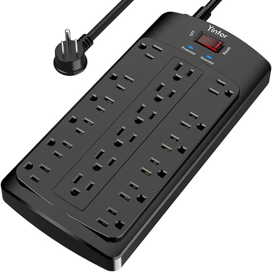 6FT Yintar Surge Protector Power Strip - Flat Plug Extension Cord with 18 AC Outlets for Home, Office, Dorm Essentials, 2100 Joules, ETL, Black