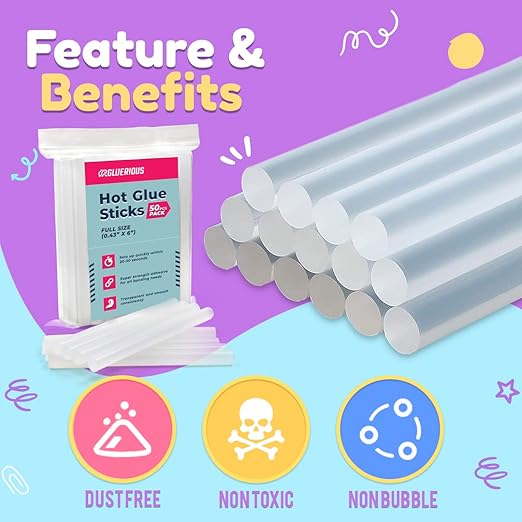 50pcs Full Size Hot Glue Sticks for Large Glue Gun, 0.43x6 inches Large Glue Sticks, Bulk-Pack for Arts Crafts DIY Fabric Gluing & More