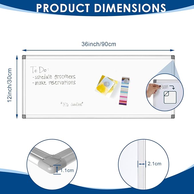 36" x 12" Magnetic White Board, Long Whiteboard Wall Hanging Vertical Board, to-do List Narrow Mini Small Portable Dry Erase Board for Walls