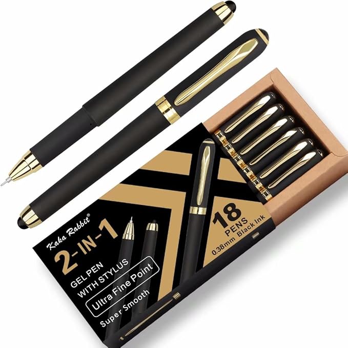 Gel Ink Rollerball Stylus Pen - 18 Pack,0.38mm Gel Pen Extra Fine Point,2 in 1 Capacitive Stylus Pen,Black Ink,Writing Smoothly for Office,Business,Gift,Metal Gold Clip,Kaka Rabbit