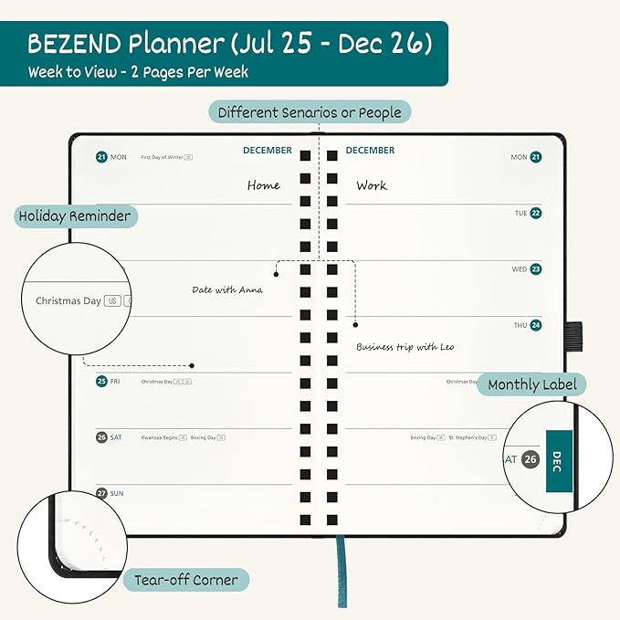 BEZEND Pocket Planner 2025-2026 Weekly with 2 Columns, 18-Month Academic Calendar (Jul 25-Dec 26), Life Work App., Storage Pocket, Pen Holder, PU Leather Softcover 3.5" x 6" Spiral - Dutch Blue