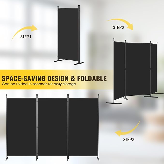 AKTOP 3-Panel Room Divider, Freestanding Wall Divider for Room Separation, Folding Privacy Partition Screen 70''W x 102''H, Portable Room Divider Panel Privacy Screen for Dorm Studio Office, Black