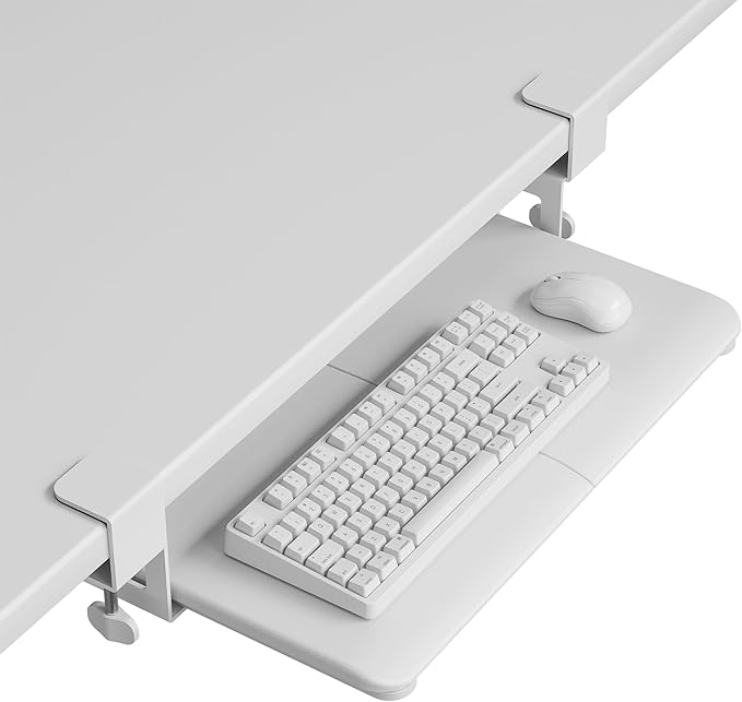 BONTEC KMT01-PJ Under Desk Keyboard Tray, Pull-Out Keyboard & Mouse Platform with C-Clamp, 20 x 11.8 in Space-Saving Ergonomic Slide-Out Drawer, White