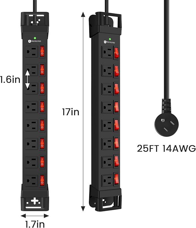 Heavy Duty Power Strip with Individual Switches,8 Outlets 14 Gauge Industrial Shop Garage Metal Multiple Outlets,1200J Surge Protector Mountable Power Strip (Black, 25 FT)
