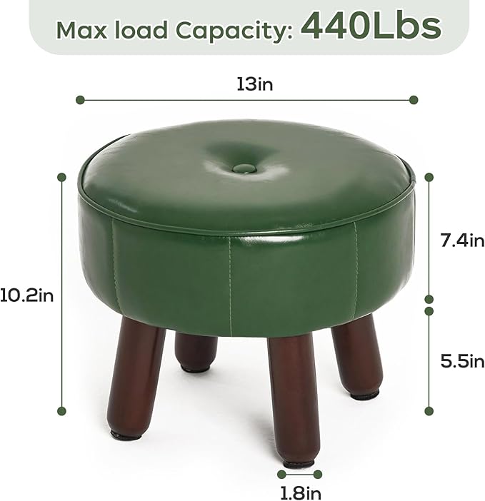 13in Small Foot Stool Ottoman, Round Faux Leather Foot Rest for Couch, Under Desk Pouf Footstool Footrest with Non-Skid Rubber Legs for Ling Room, Bedroom, 13''L x 13''W x 10.2''H, Green